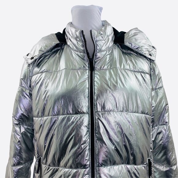 Andrew Marc Metallic Silver Puffer Jacket Large - Picture 3 of 15